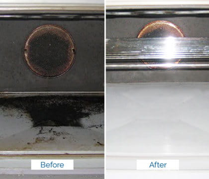 results from an oven cleaning service before and after the cleaning