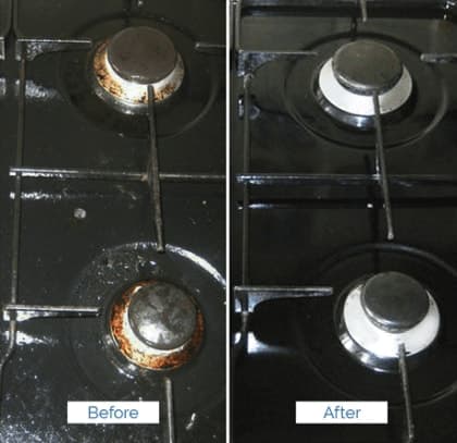 before and after cleaning of greasy gas oven burners