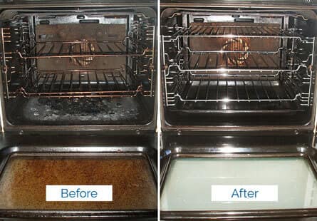 dirty oven before cleaning compared to its clean version after the service