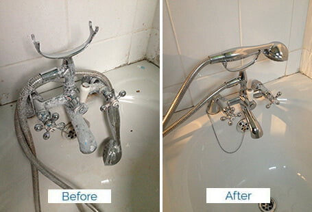 cleaned shower faucet - limestone removed before after